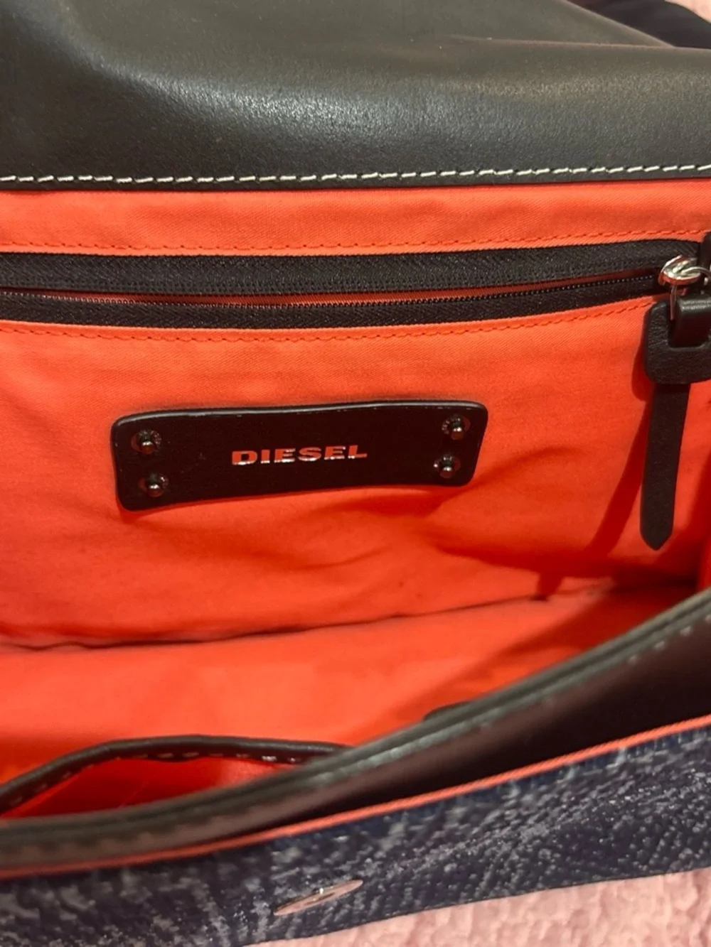Diesel Men’s Denim Messenger Bag with Orange Logo Strap